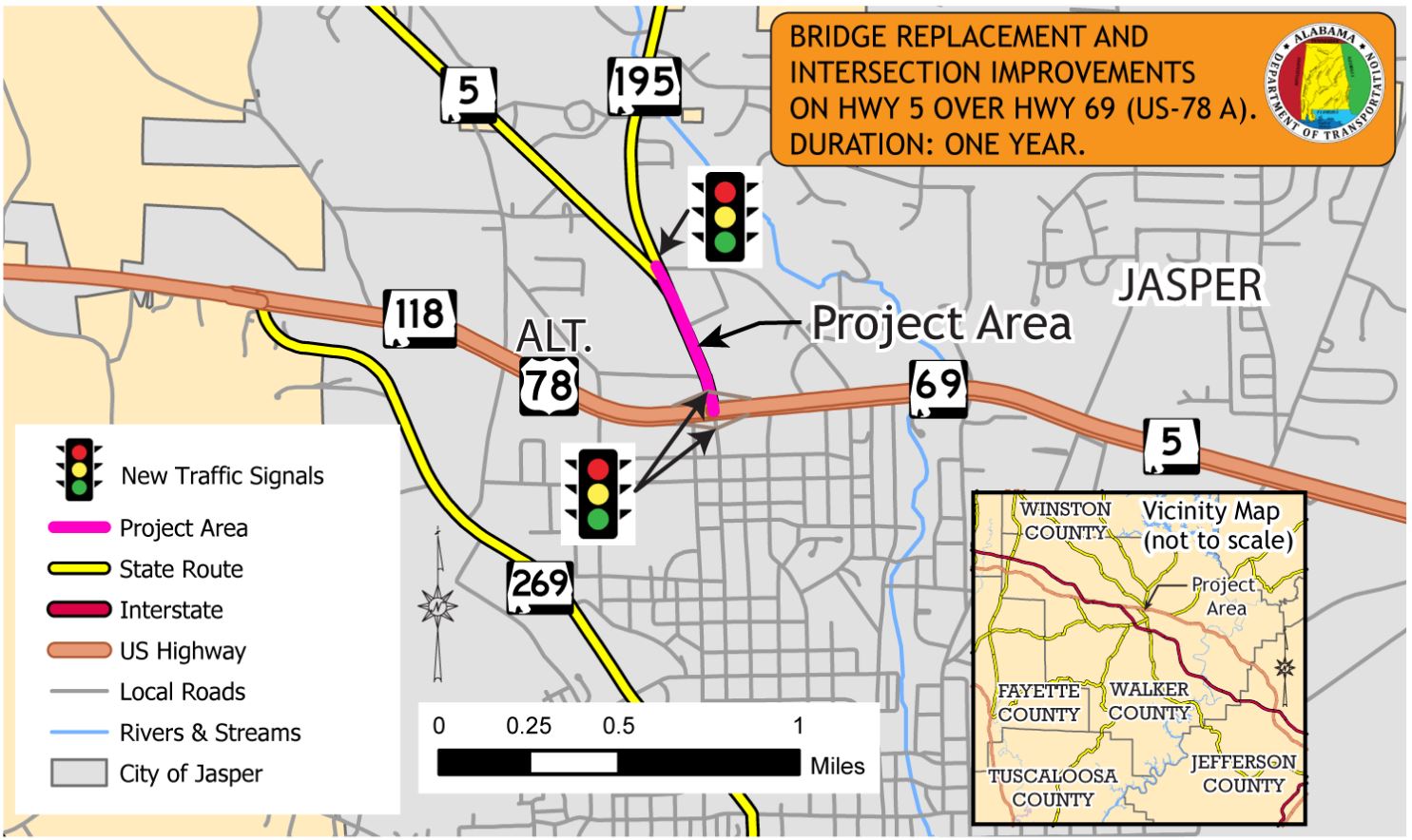 Map of the scope of work for the Jasper bridge project