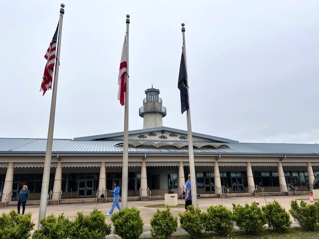 The Grand Bay Welcome Center features a lighthouse on its roof.