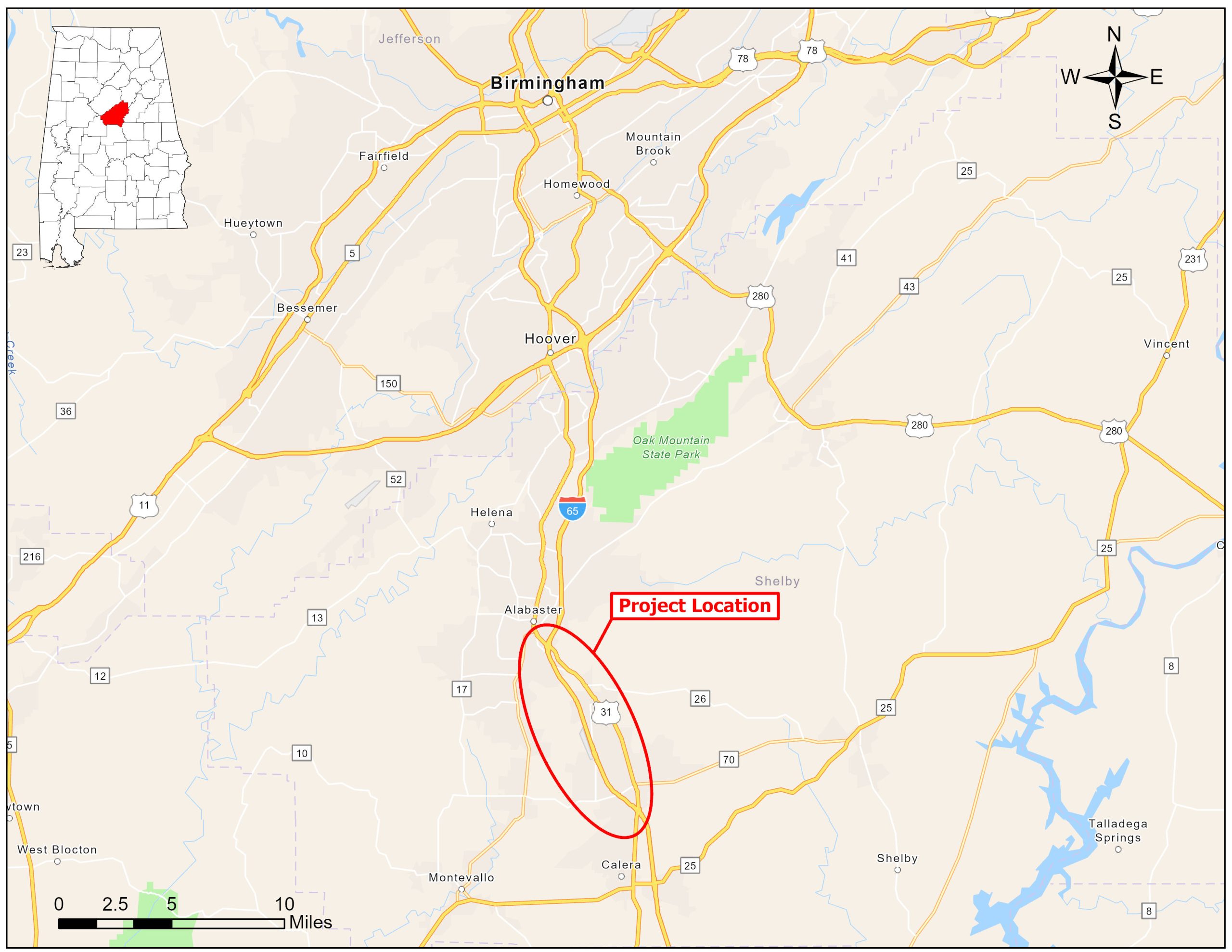 Map of the proposed portion of I-65 to be widened in Shelby County.