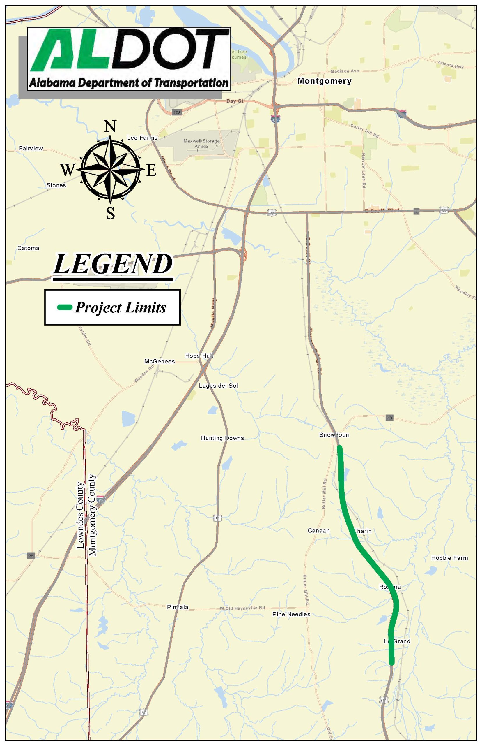 Map of resurfacing project on US-331 in Montgomery county from south of CR-24 to south of CR-61.