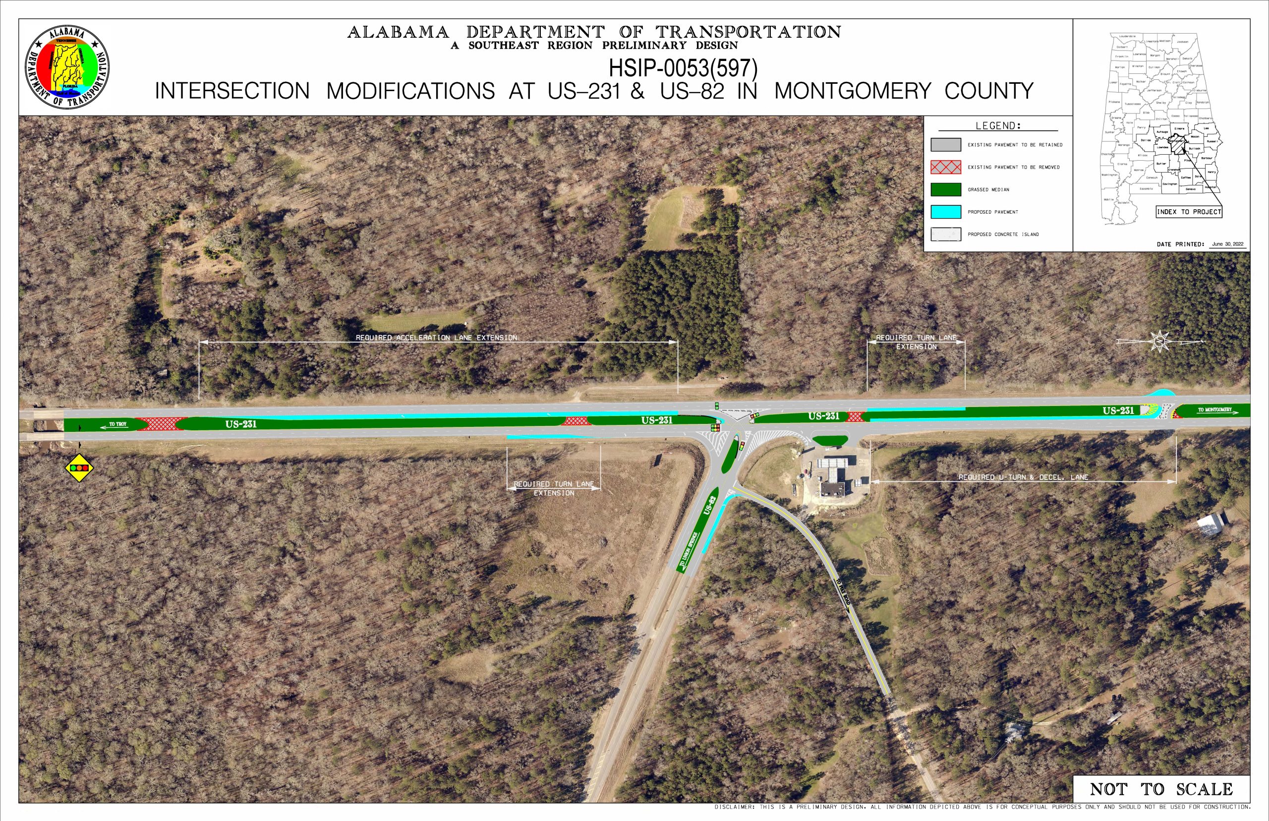 Project overview map of the intersection where US-82 intersects with US-231. The map shows where they will be installing a new continuous "Green T" traffic signal