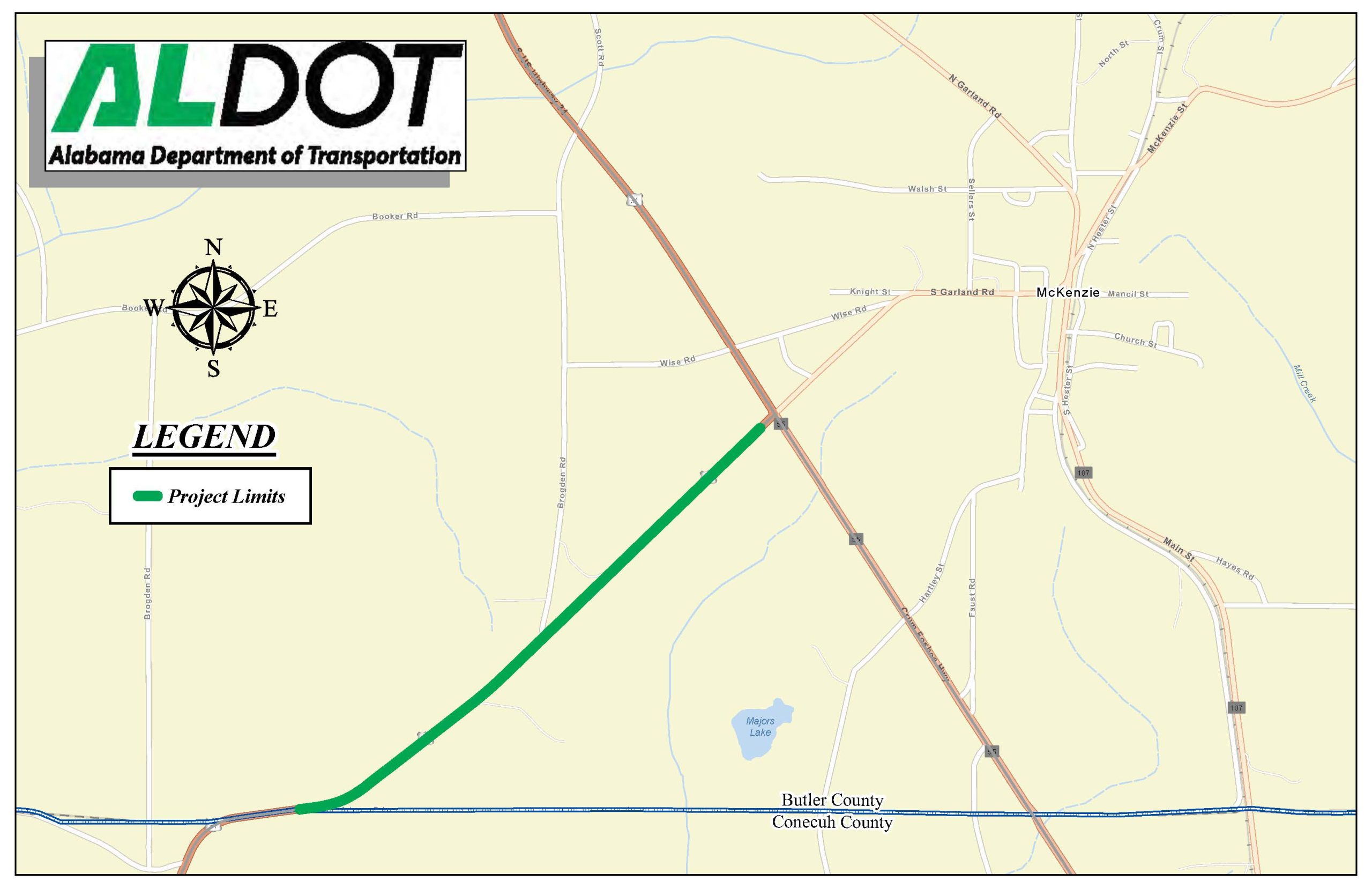 Map of resurfacing project on US-31 in McKenzie from the Conecuh county line to SR-55.
