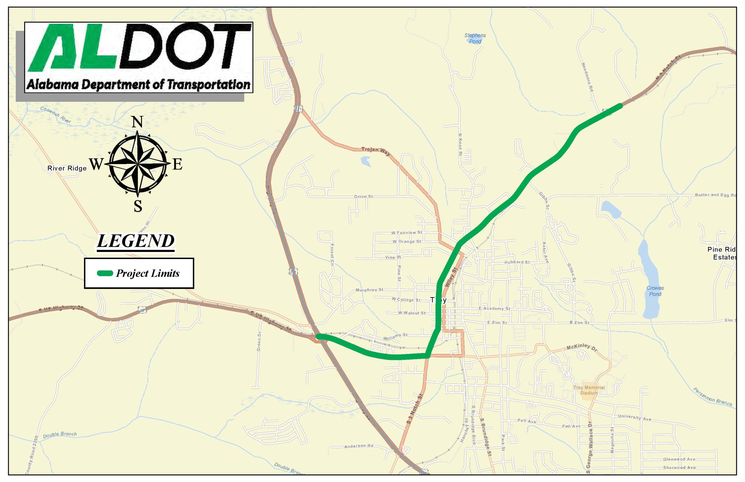 Map of resurfacing project on US-29 in Troy from north of US-231 overpass to Needmore Road.