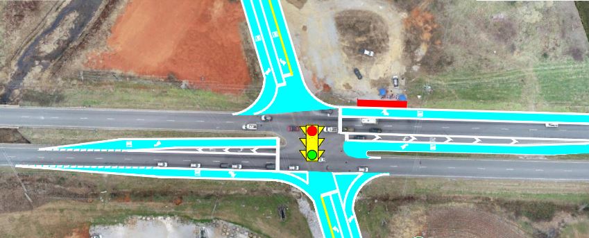 A concept approximating the improvements under construction at US-72 and Mooresville Road in Limestone County, Alabama