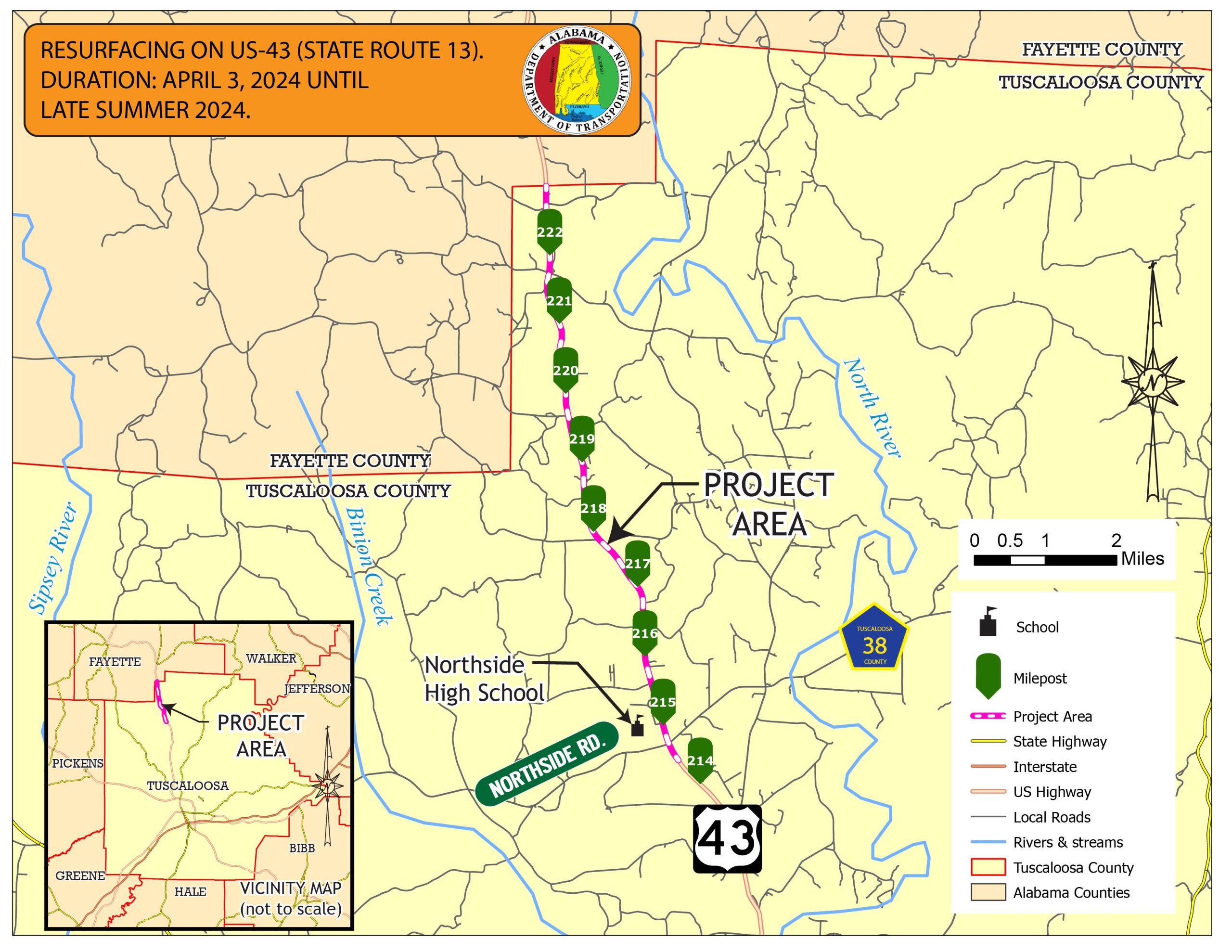 Map of the resurfacing project being done on US-43 in Tuscaloosa County
