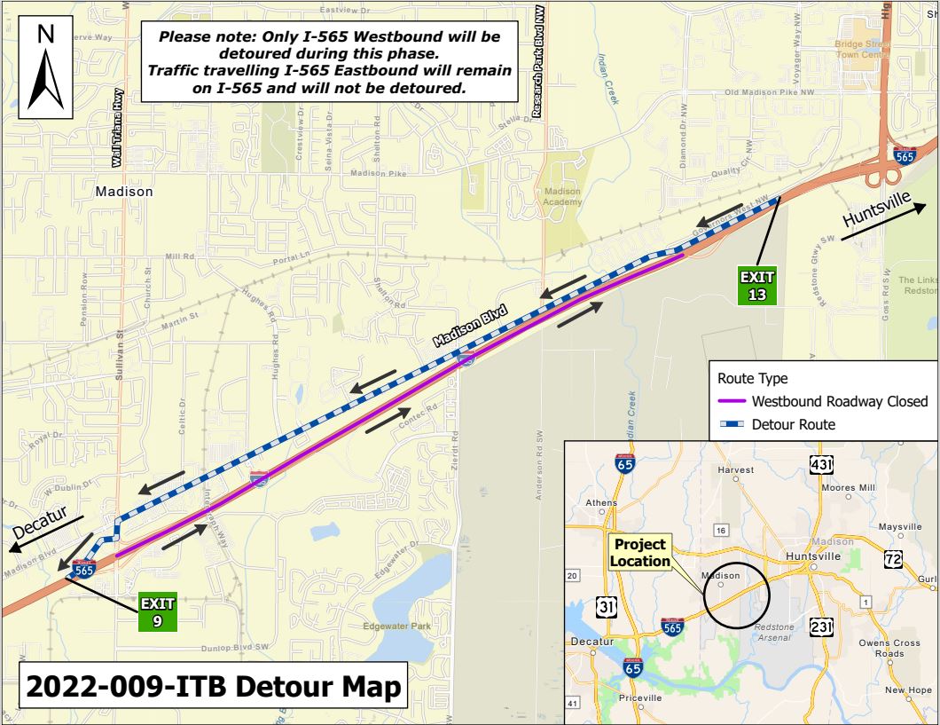 A map of the westbound detour on I-565