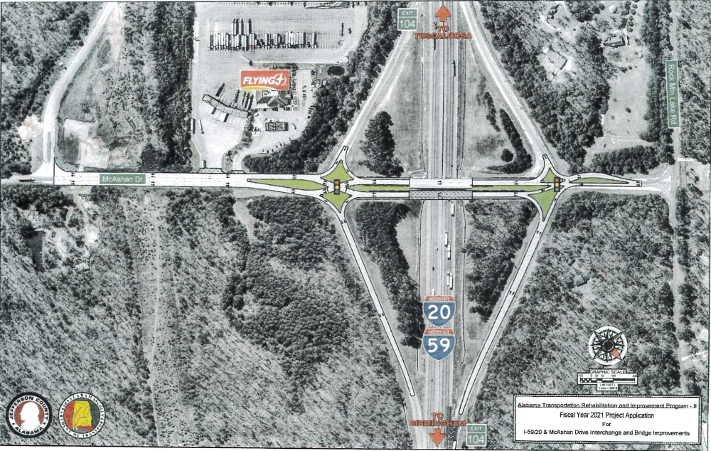 Map of the proposed project area on I-59/20 at exit 104 in McCalla, AL