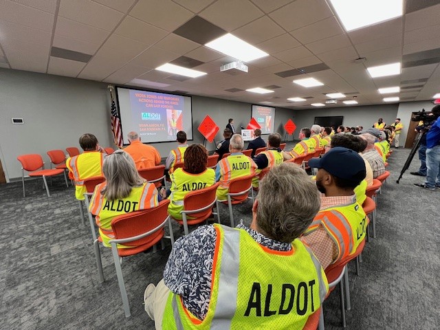 Representatives from ALDOT, AGC, ALEA, and ARBA attended the joint press conference to kick off National Work Zone Awareness Week.