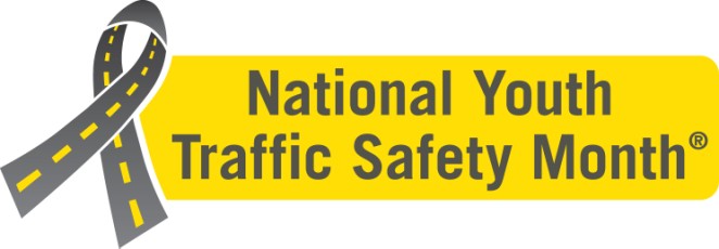 Graphic with a ribbon made of roadway and the words national youth traffic safety month