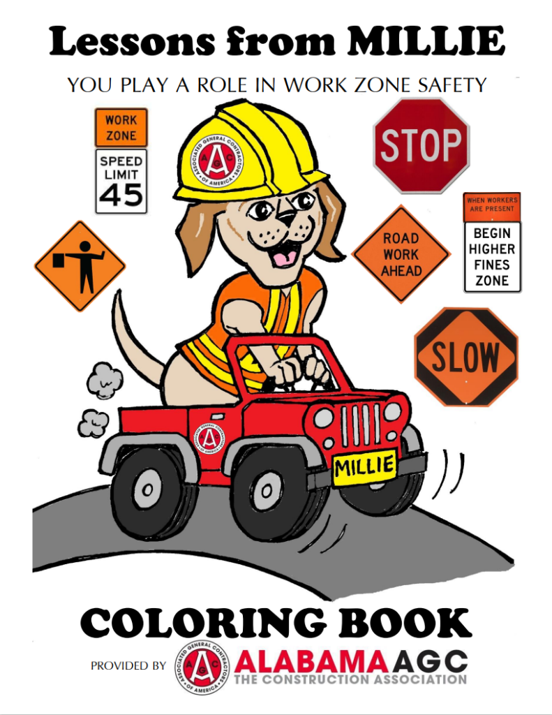 The cover of the Lessons from Millie Coloring Book. It has a drawing of a dog in a hard hat and safety vest riding in a red jeep with a yellow license plate with the word MILLIE on the front. Around the drawing are images of road signs.