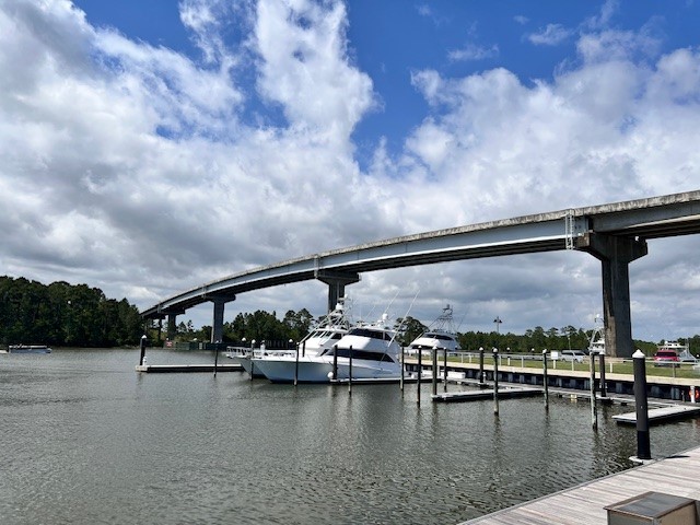 A view of a marina under a bridge on SR-161 in Baldwin County
