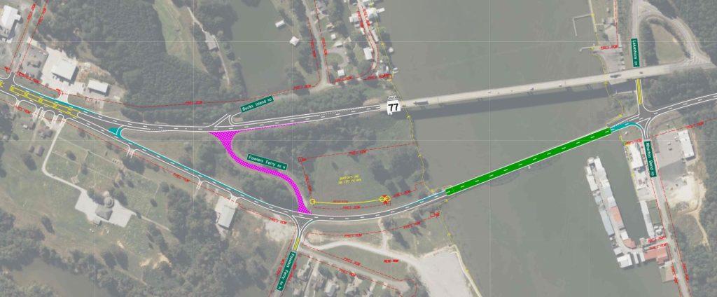 A map showing construction of a new bridge on the same alignment as the existing bridge