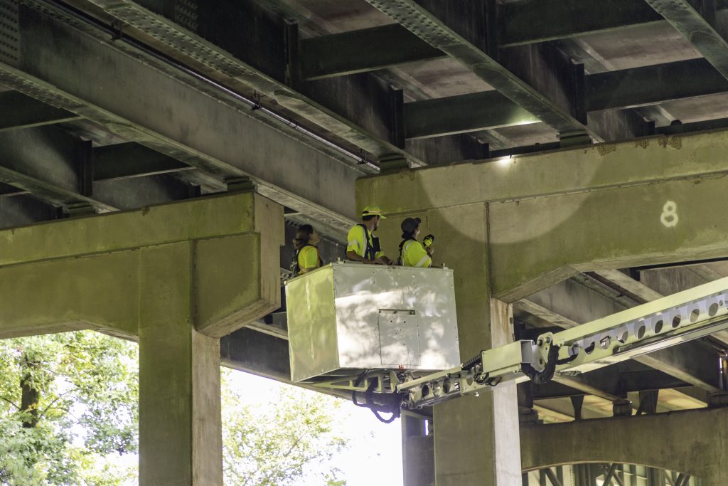 ALDOT crew members look for bats under the Woolsey Finnell Bridge in Tuscaloosa on August 3, 2024.