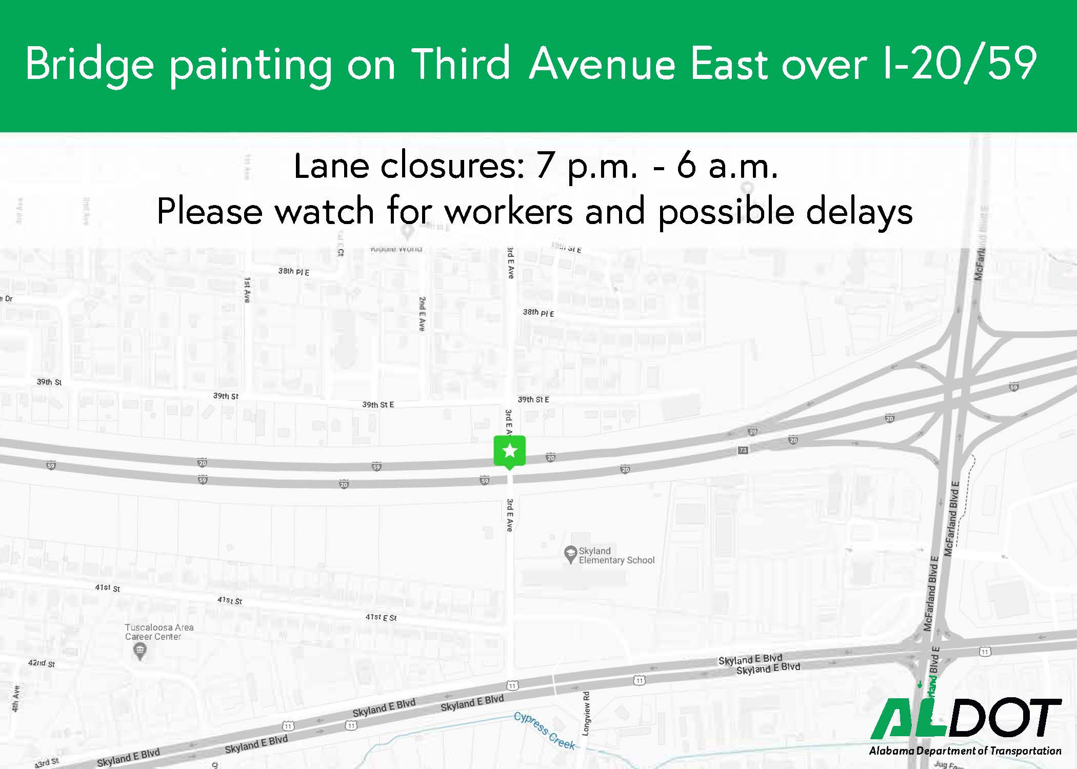 A map of the bridge painting project in Tuscaloosa for the Third Avenue East bridge over I-20/59.