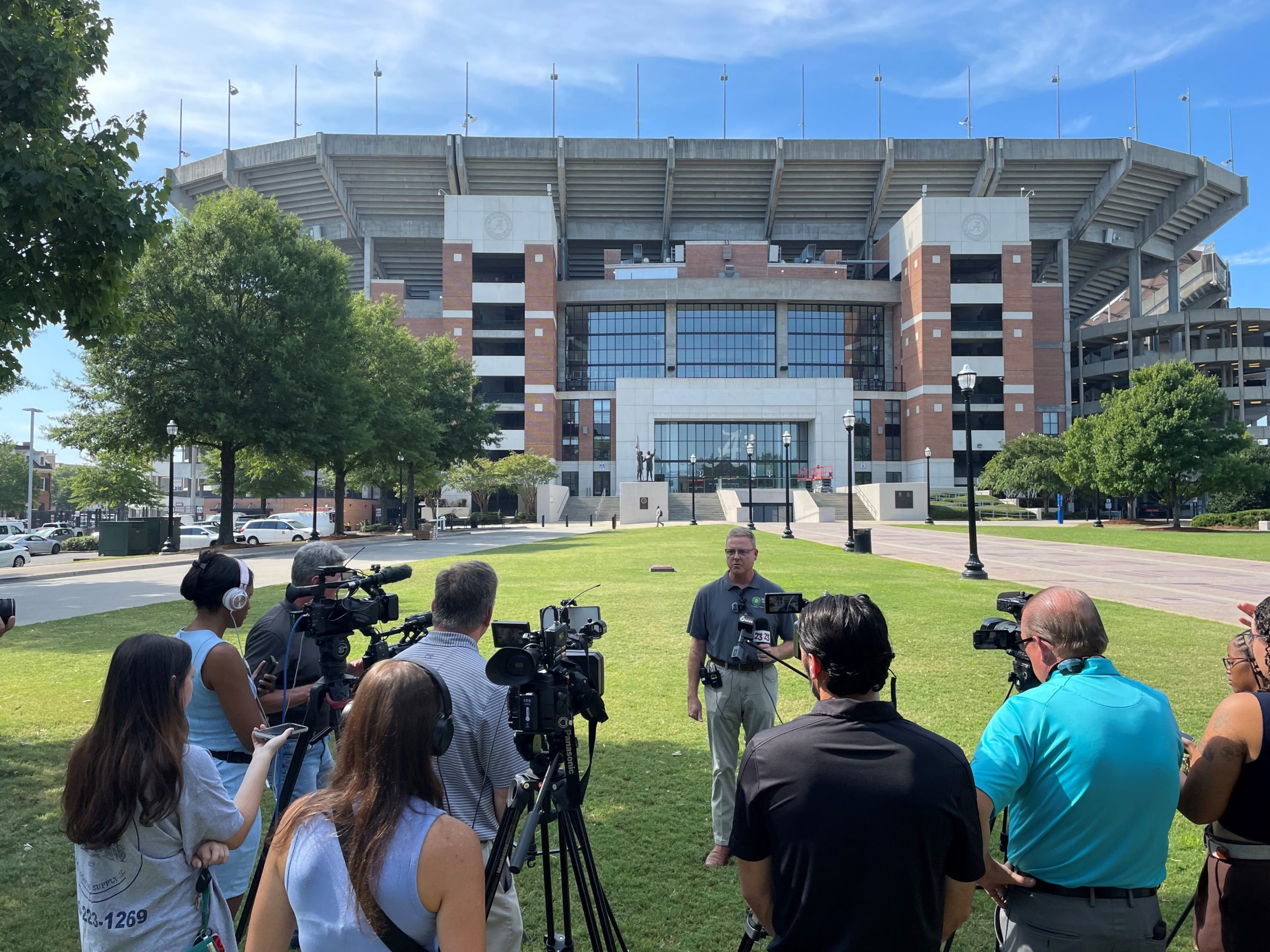 Ken Colvert, ALDOT WCR Traffic Management Center (TMC) manager, talks to the media about gameday operations.