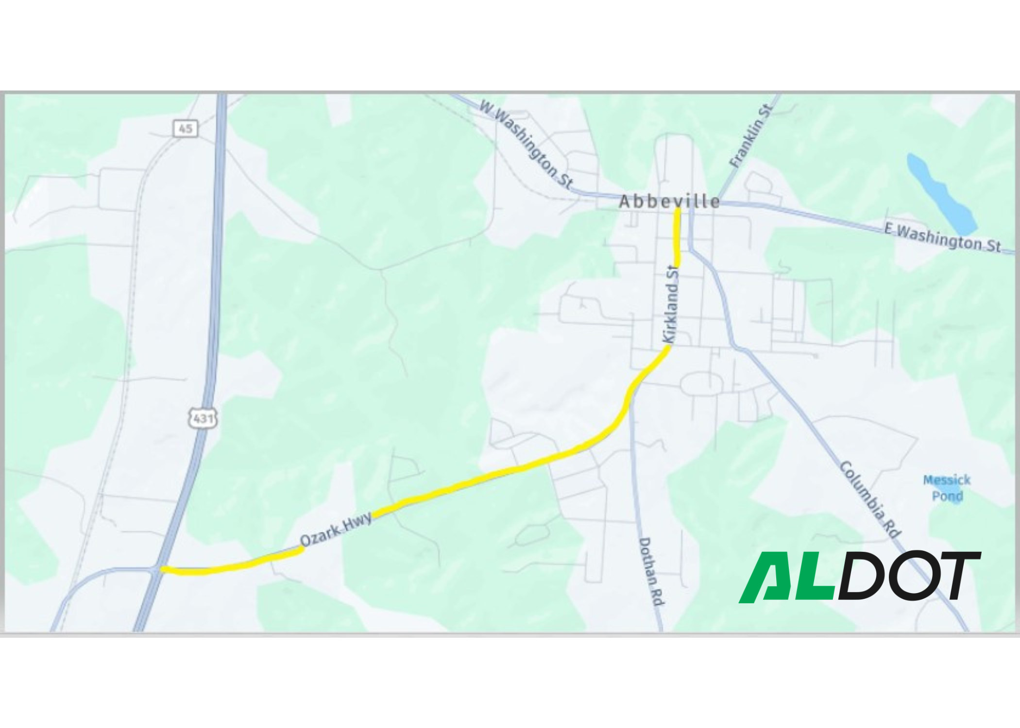 Map highlighting the projects limits on SR-27 from US-431 to SR-10 in Abbeville.