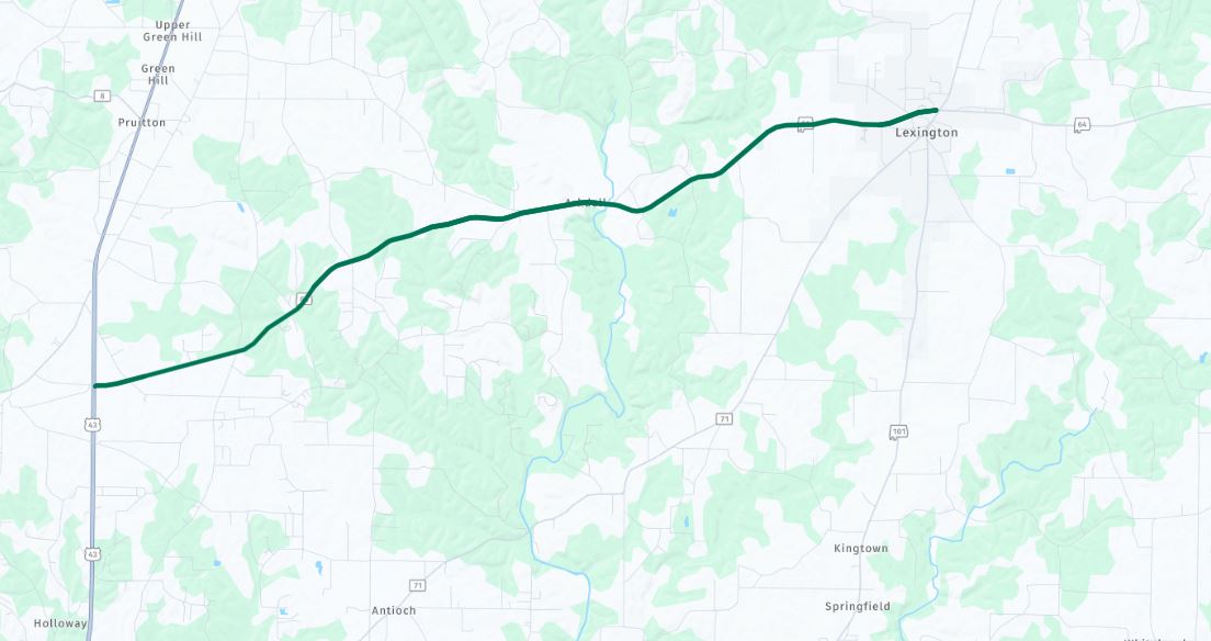 A map with SR-64 highlighted between Lexington and the Greenhill Community. That segment of the highway will be closed Tuesday for pipe replacement.