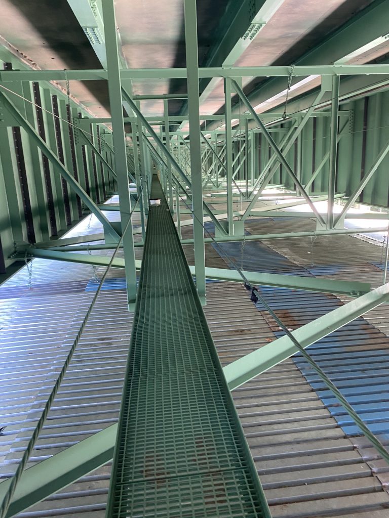 Green beams and braces under the bridge, with scaffold below. 