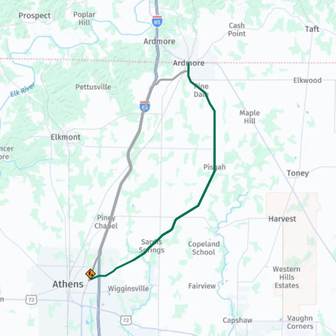 A map with the SR-251 corridor between Athens and Ardmore highlighted.