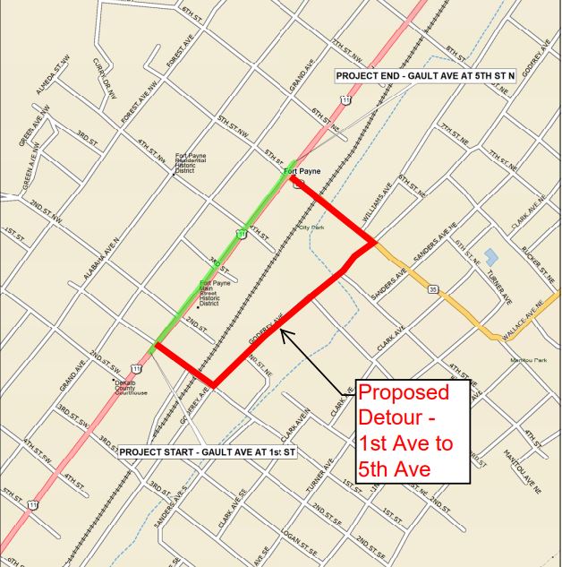 A map showing the detour route for the project along US-11 in Fort Payne.