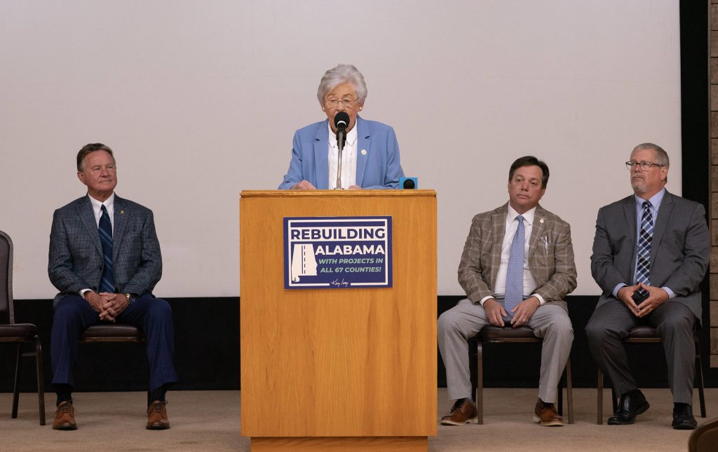 Governor Kay Ivey speaks at a Rebuild Alabama event in Dale County.