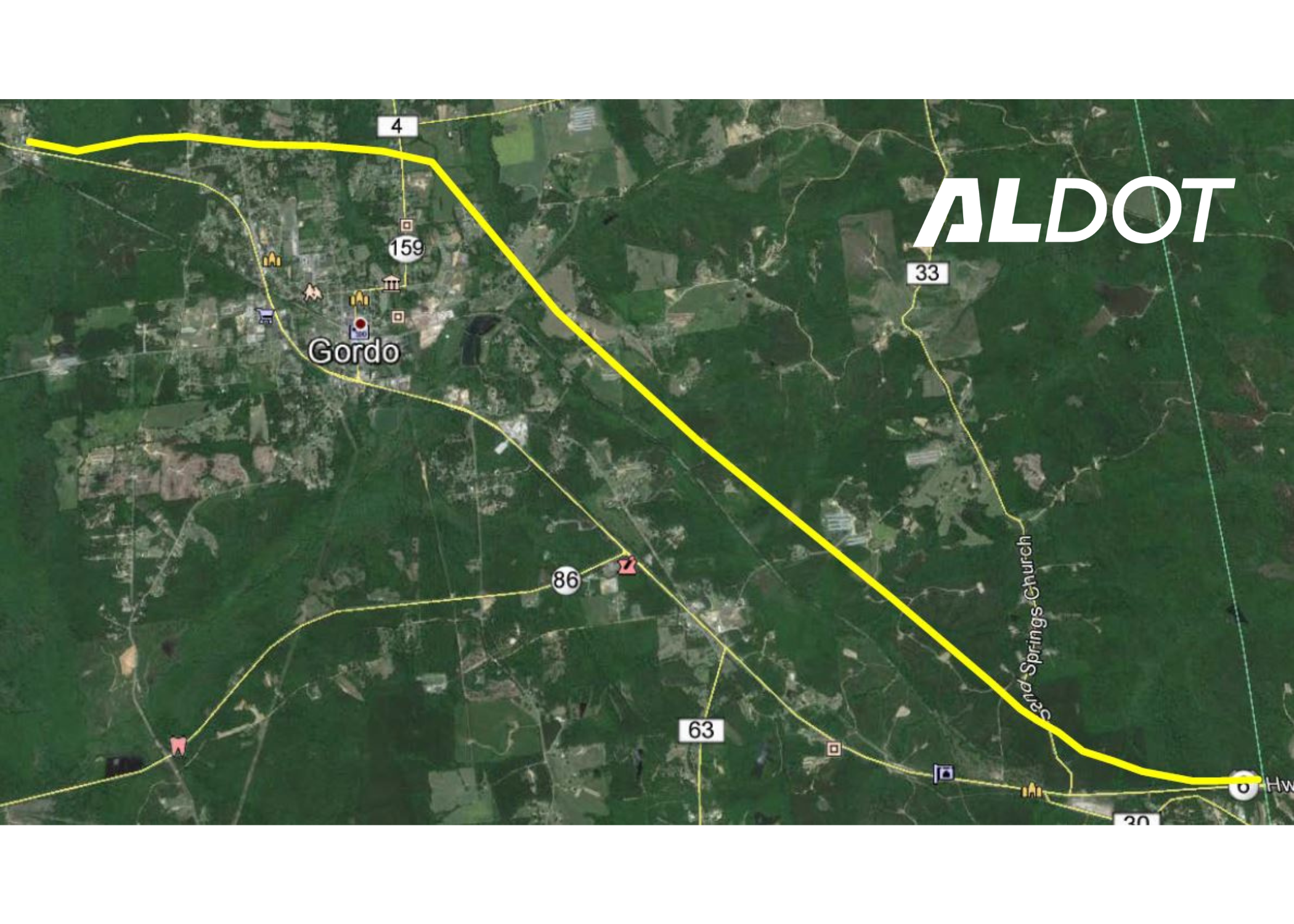 Map of the project scope for the Gordo Bypass in Pickens County, Ala.