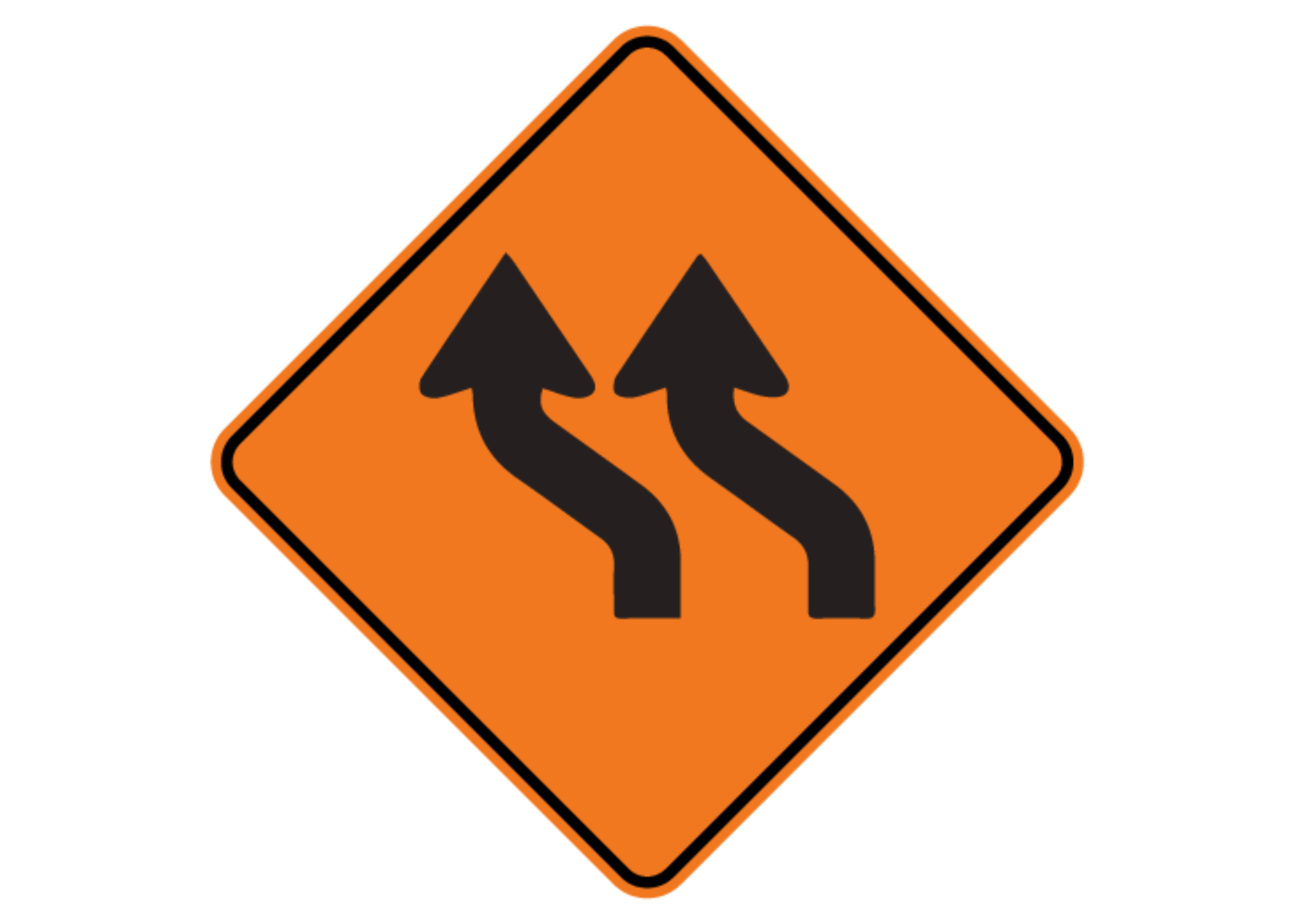 This sign indicates a lane shift. Reduce speeds and be prepared to steer through curves and for narrower travel lanes through the area.