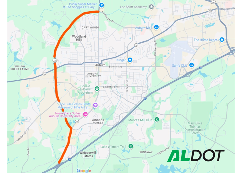 Map showing resurfacing project limits on SR-147 in Lee County, Ala.