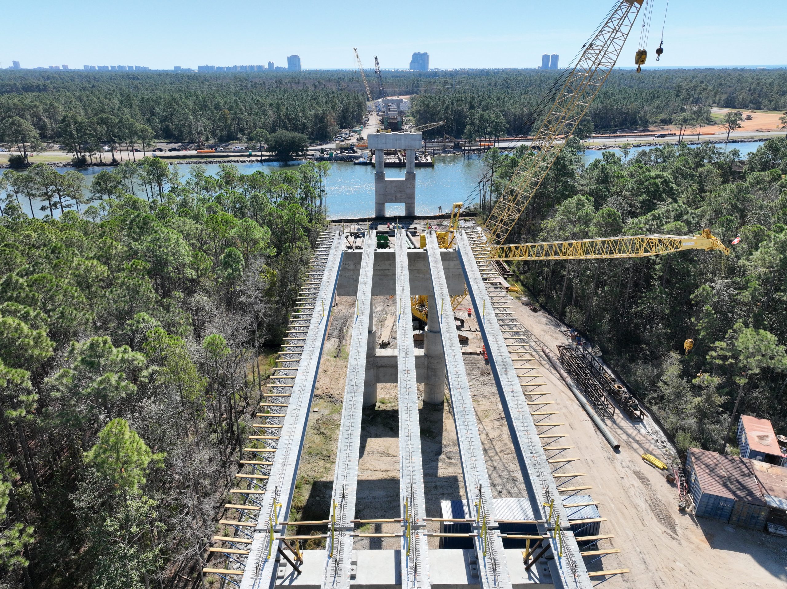 Drone aerial view of Waterway Intracoastal Bridge construction.