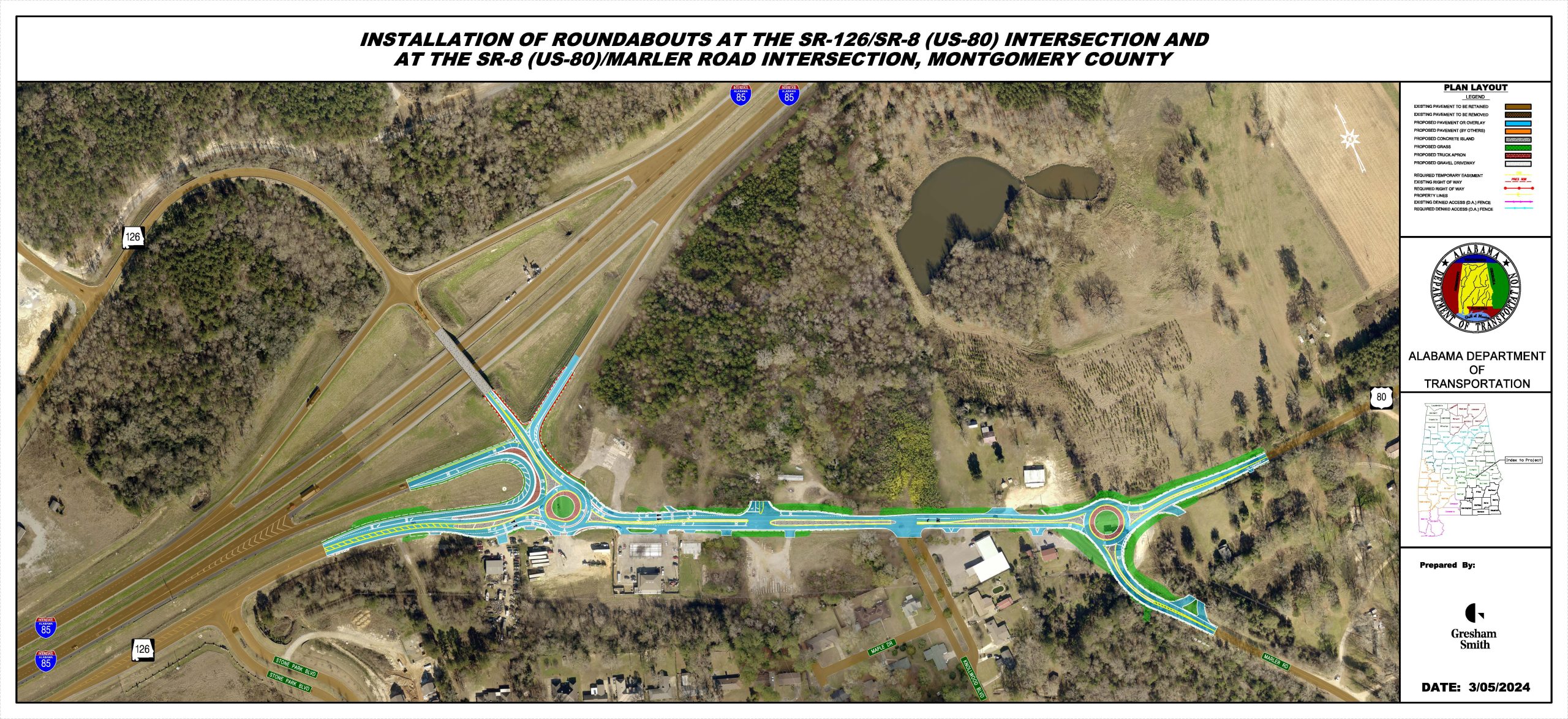 Map showing the location of the two roundabouts being installed in Pike Road. The first at SR-126 and US-80 and the other at US-80 and Marler Road.