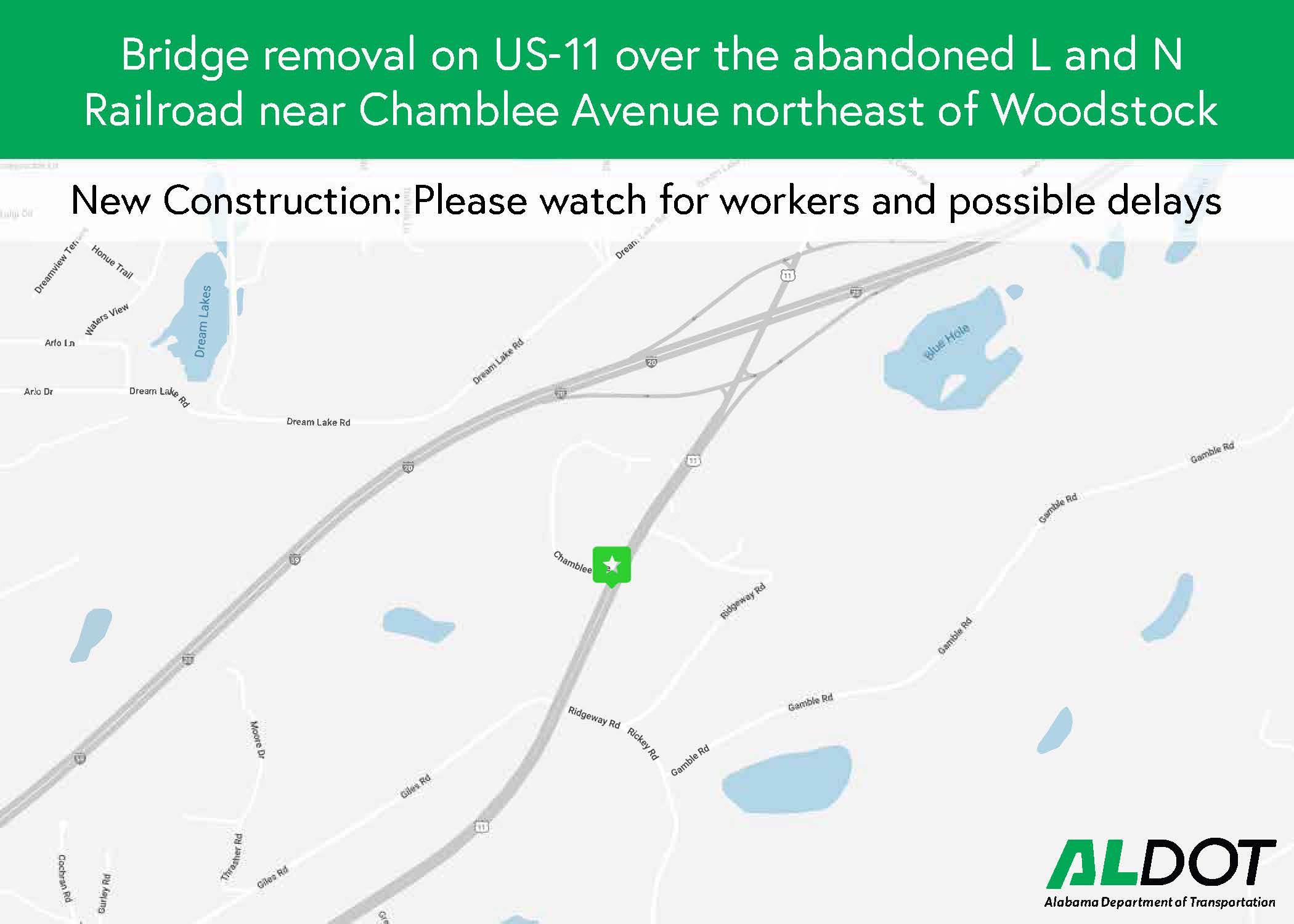 US-11 bridge removal northeast of Woodstock in Tuscaloosa County map.