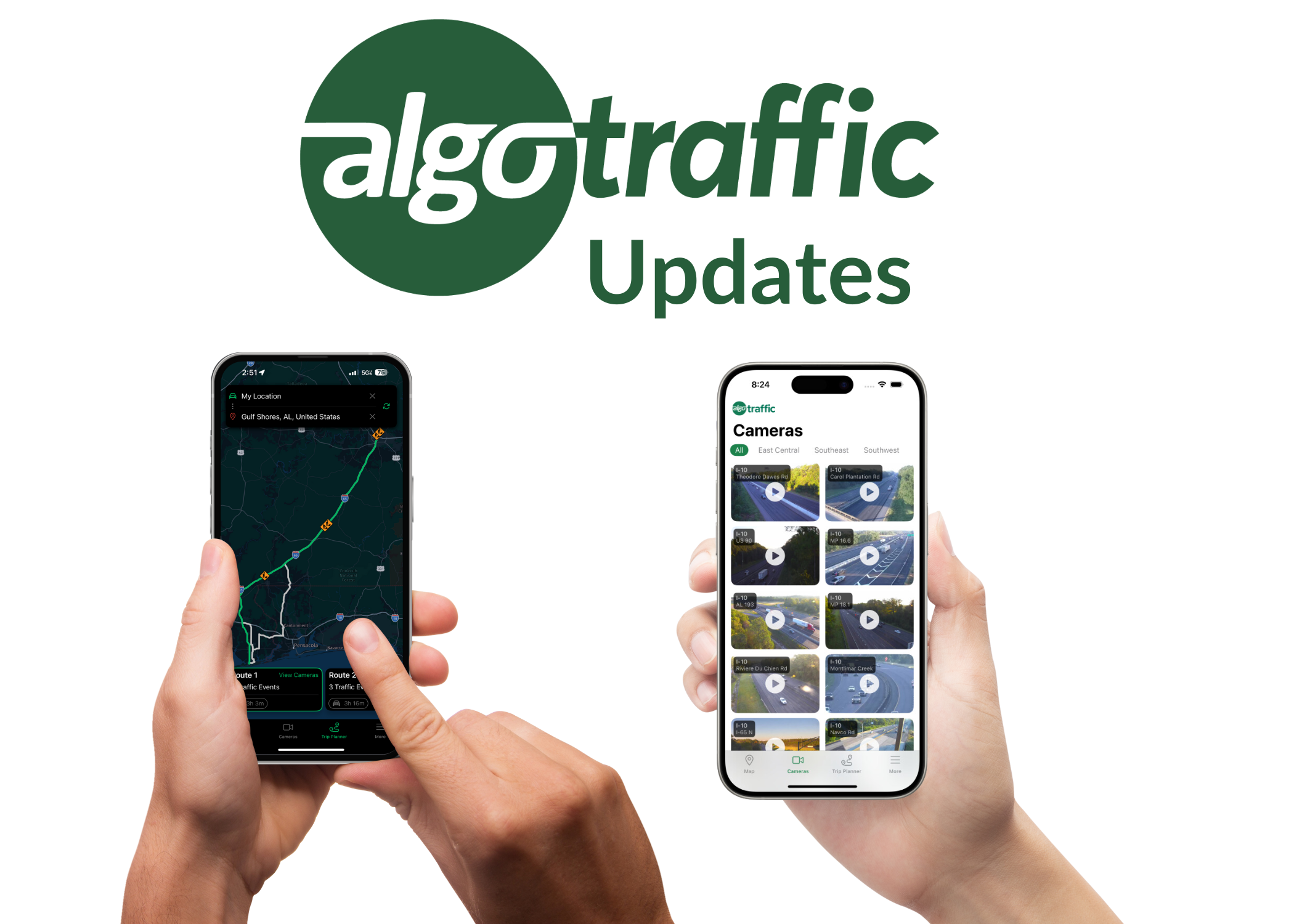 ALGO Traffic logo with the word updates underneath. Two hands holding cellphones with ALGO Traffic images on the phones.