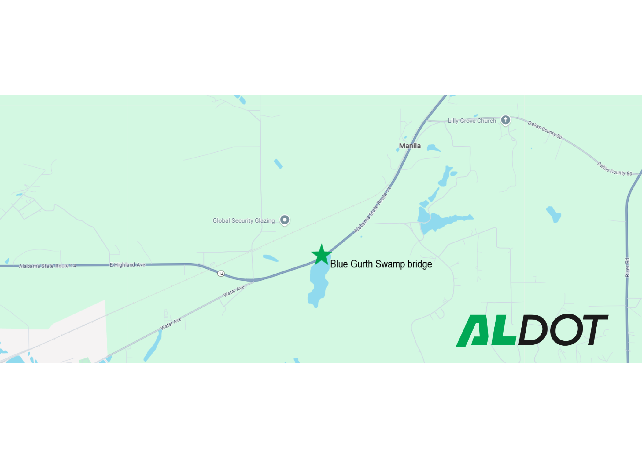 Map showing location of Blue Gurth Swamp on SR-14 in Dallas County.