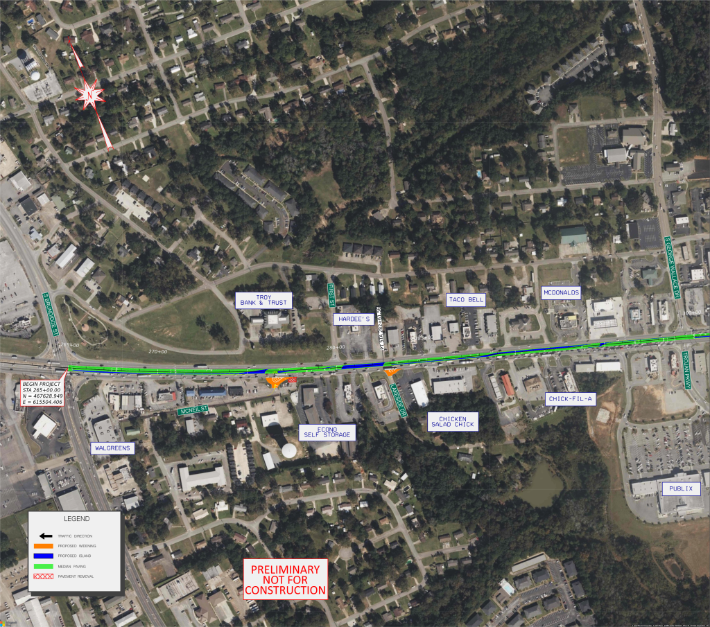 Map showing planned modifications on US-231 access management project from SR-87 to George Wallace Drive in Troy.