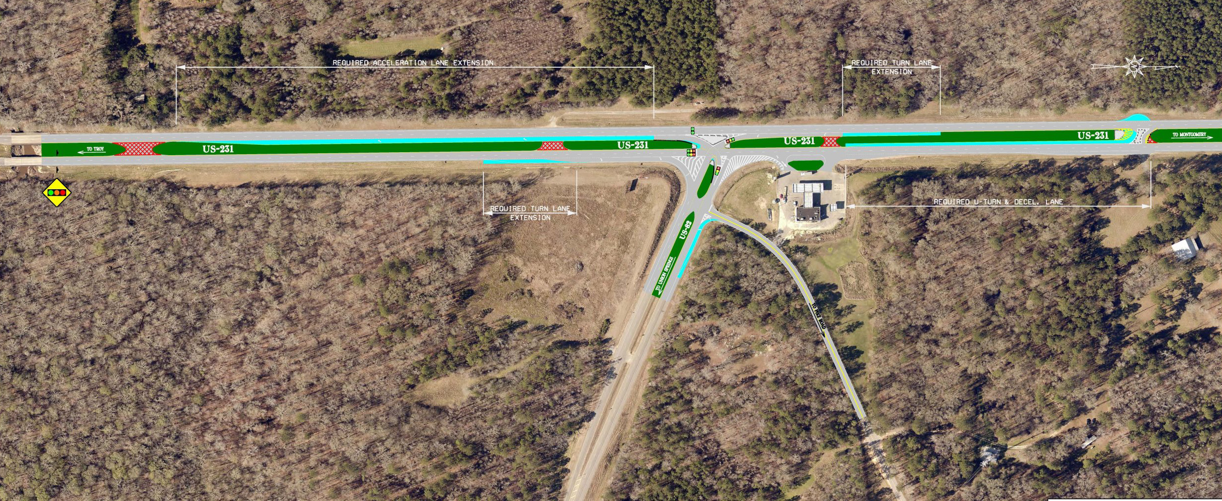 A map showing proposed intersection modifications at US-231 and US-82 in Montgomery County, Alabama. The map shows the existing roads and proposed changes, including new lanes, turn lanes, and a roundabout. The legend indicates the different types of roads and construction areas.