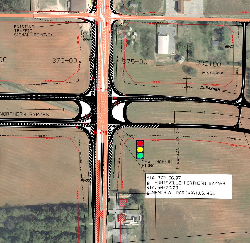 A map showing the planned intersection of the Huntsville Northern Bypass with North Memorial Parkway (US-231/US-431).