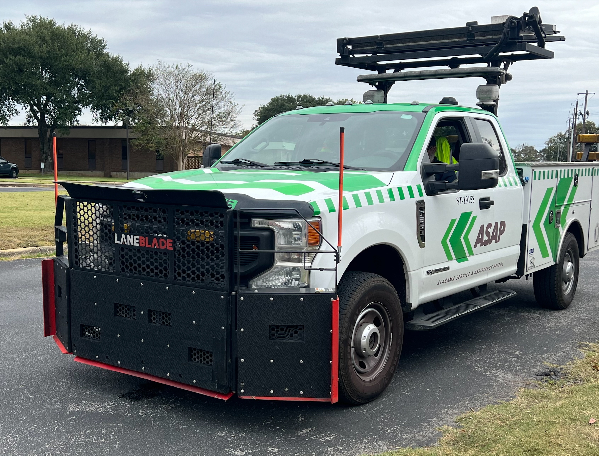 One of ASAP's Ford F-350s is suited with a J-Tech LaneBlade to help remove debris from the roadway.