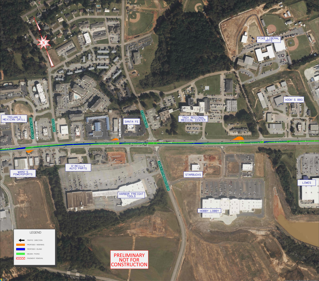 Map showing planned modifications on US-231 access management project from Troy Plaza Loop to Emma Drive in Troy.