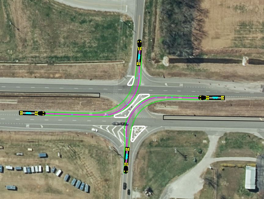 A map showing modifications to improve safety at the intersection by channelizing the median crossing and preventing crossing and left turns from the minor roads.