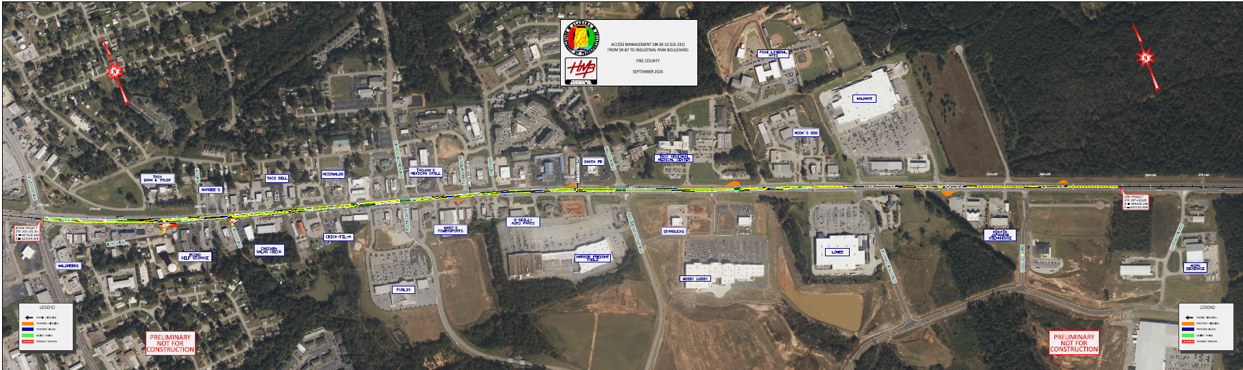 Map showing the entire project limits of the US-231 access management project from SR-87 to Industrial Park Boulevard in Troy.