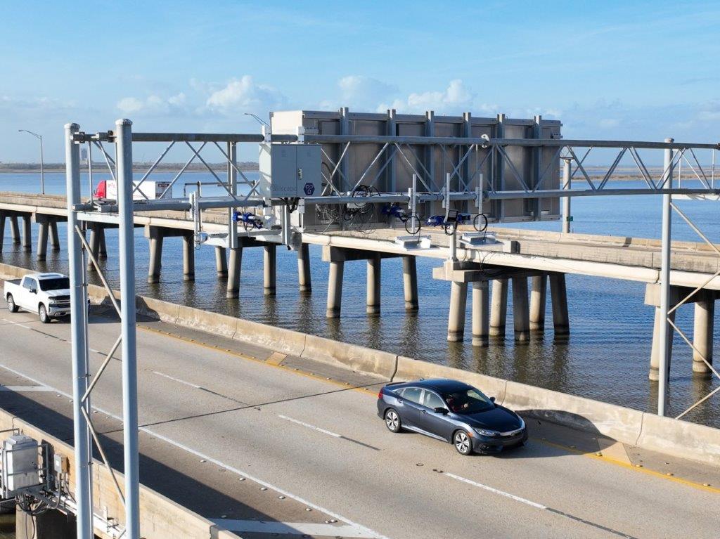 Drone image of traffic data gathering equipment above I-10 Bayway Mobile