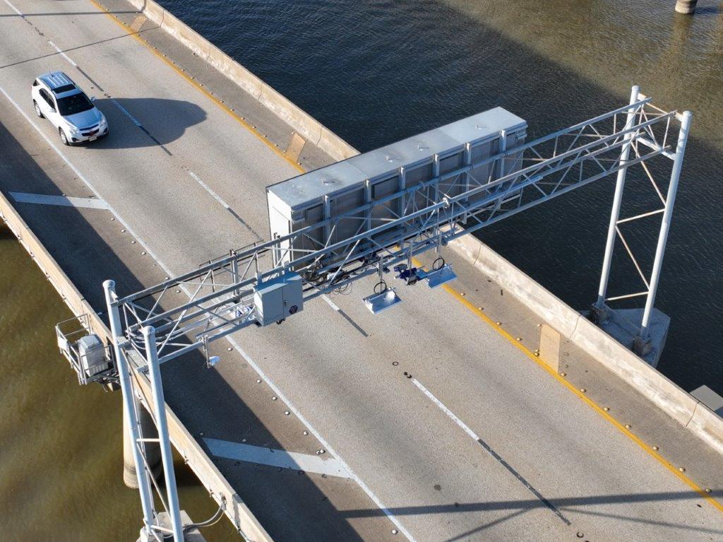 Drone image of traffic data gathering equipment above I-10 Bayway Mobile