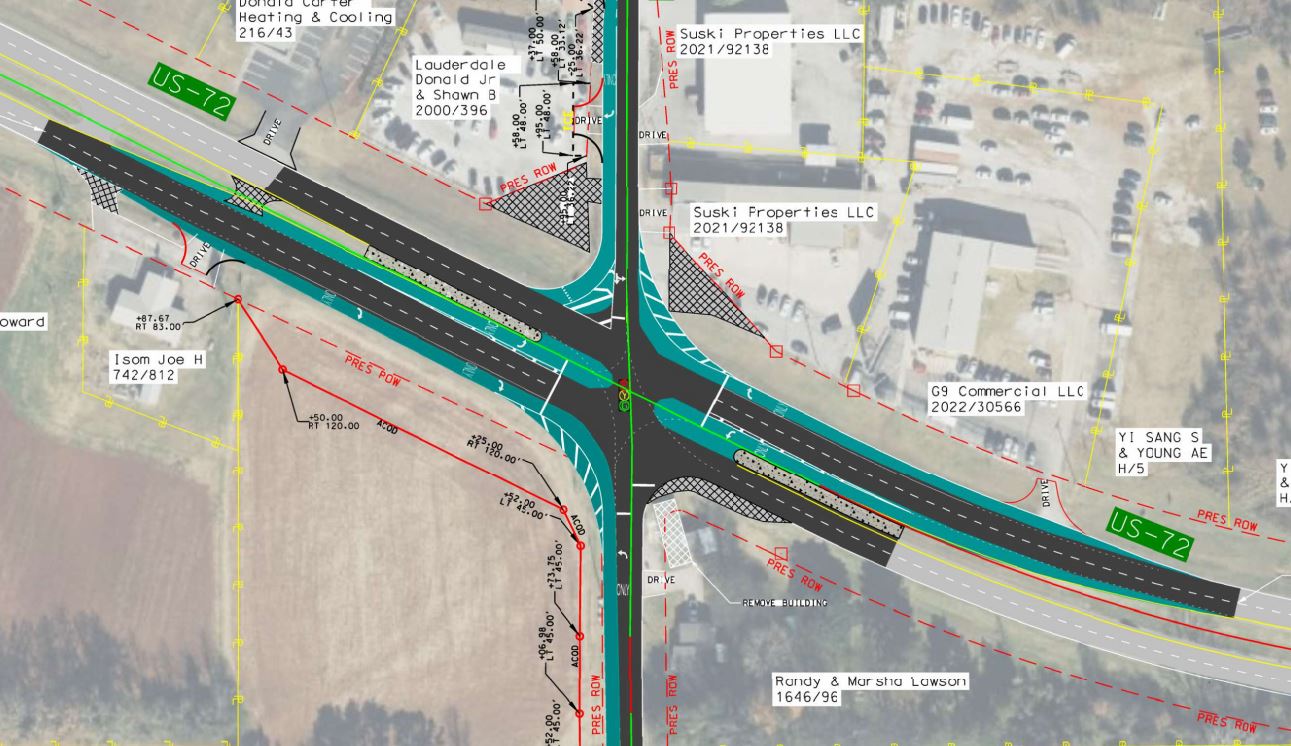 A map showing the proposed improvements on US-72