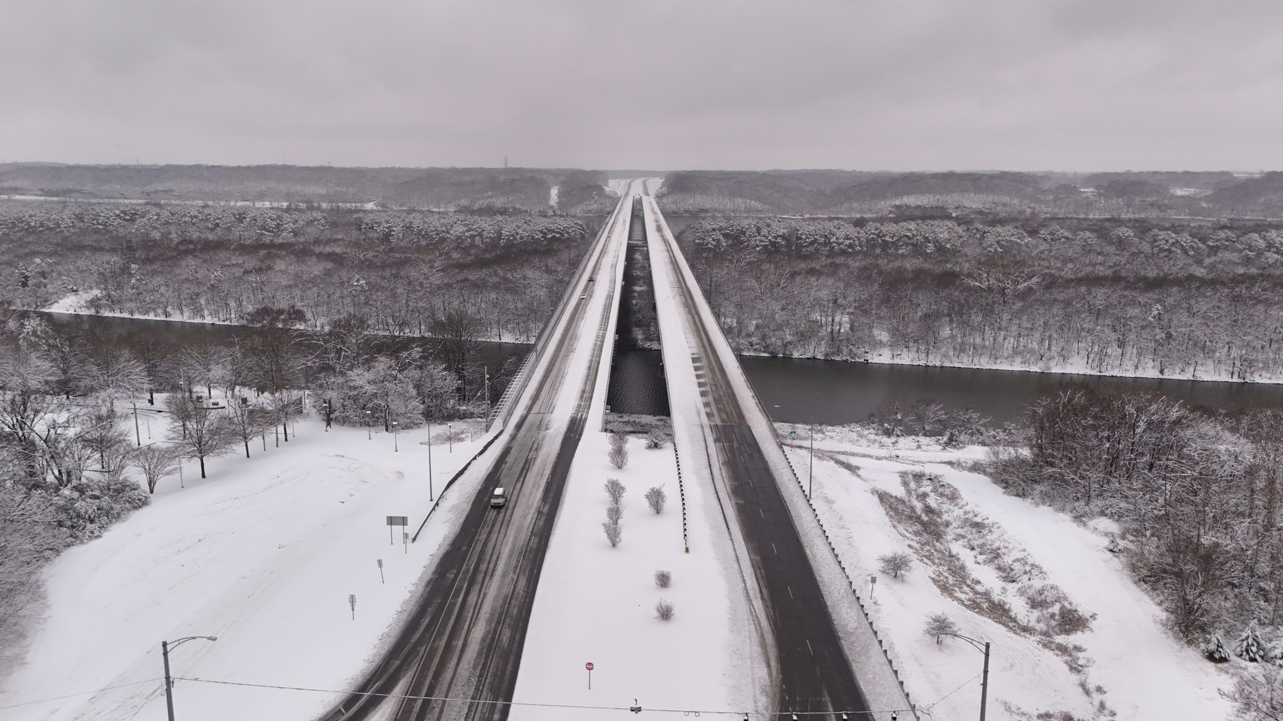 Snow on the Singing River Bridge in Florence, AL