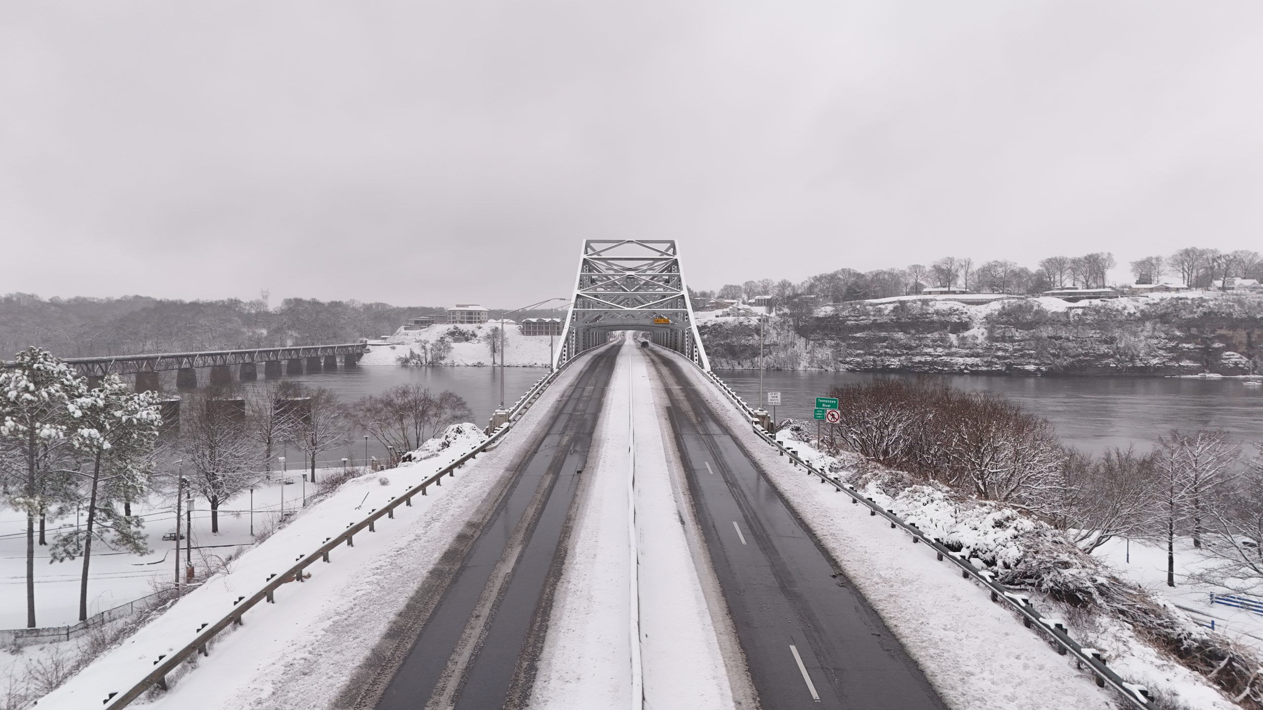 The O'Neal Bridge over the Tennessee River in Colbert County covered in snow