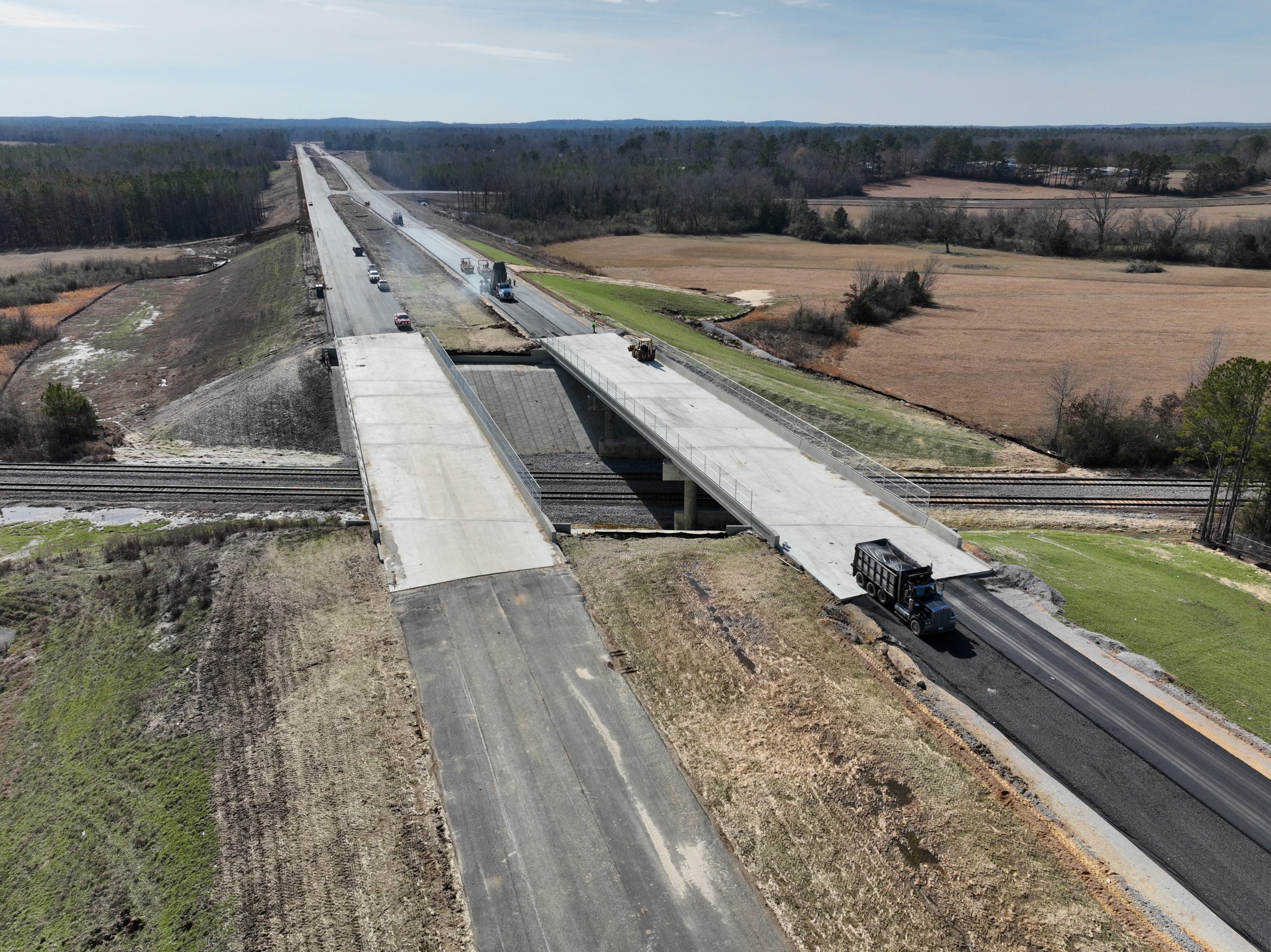 Linden Bypass January 2025 construction progress. Aerial view of newly constructed bridges.,
