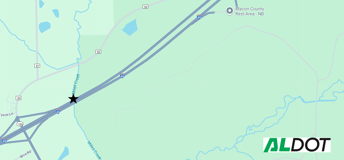 Map showing location of Miles Creek on I-85 South before Exit 42.