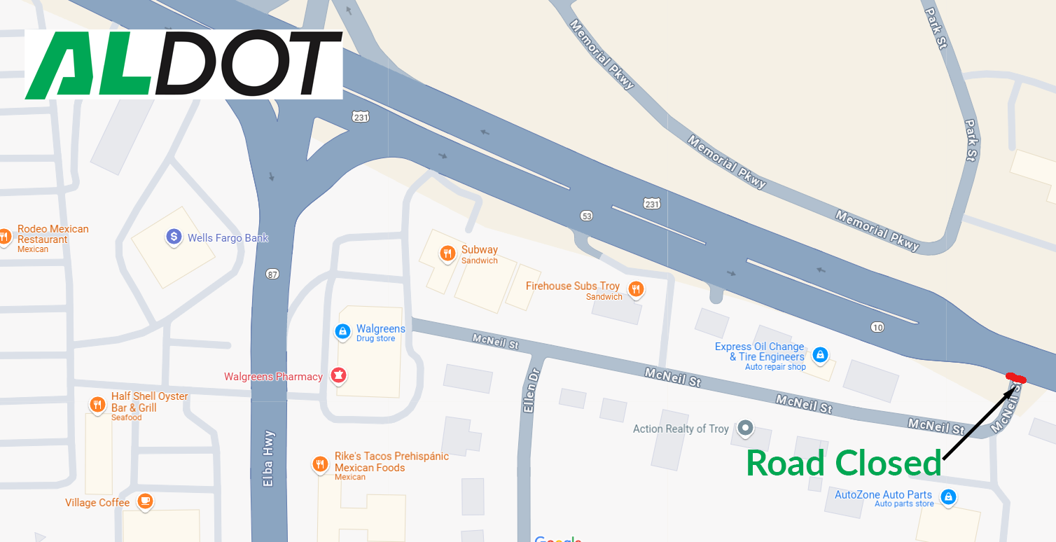 Map showing location of the closure at McNeil Street from US-231 in Troy, Alabama.