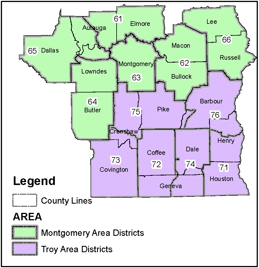 Map showing all counties and districts in the Southeast Region. Counties in Southeast Region are Autauga, Barbour, Bullock, Butler, Coffee, Covington, Crenshaw, Dale, Dallas, Elmore, Geneva, Henry, Houston, Lee, Lowndes, Macon, Montgomery, Pike, and Russell.