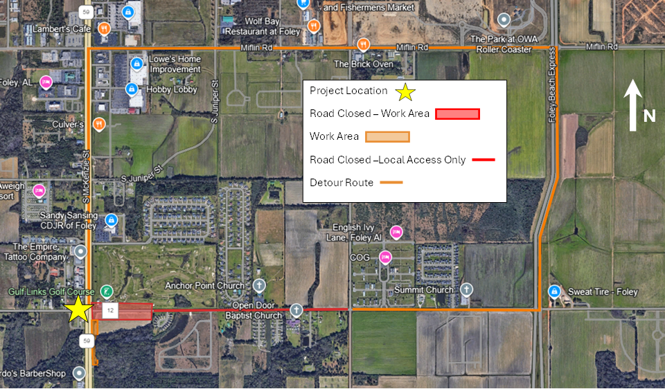 Map of detour and construction project SR 59 at CR 12 in Foley